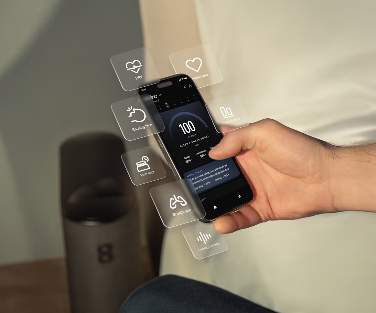Application Eight Sleep affichant le score de sommeil, la fréquence cardiaque, la VFC et le ronflement