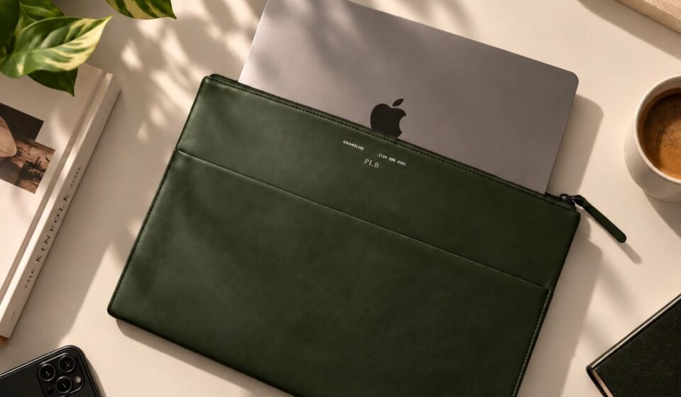 Un MacBook Pro 14 pouces glissé dans le compartiment principal du GRAMS28 120 Leather Folio