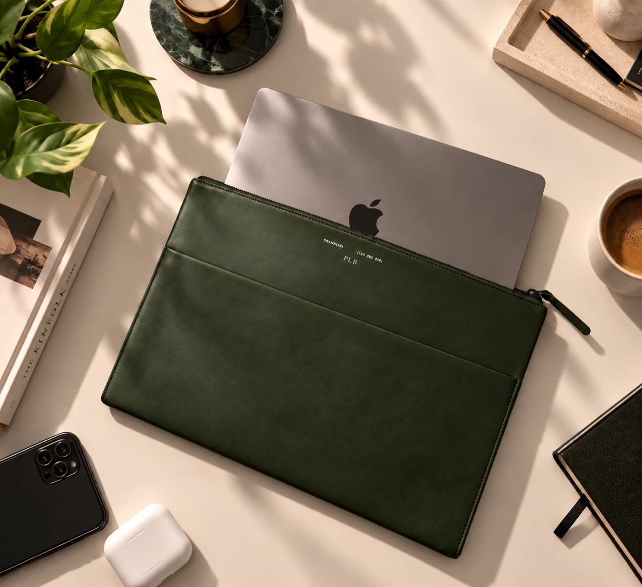 Un MacBook Pro 14 pouces glissé dans le compartiment principal du GRAMS28 120 Leather Folio
